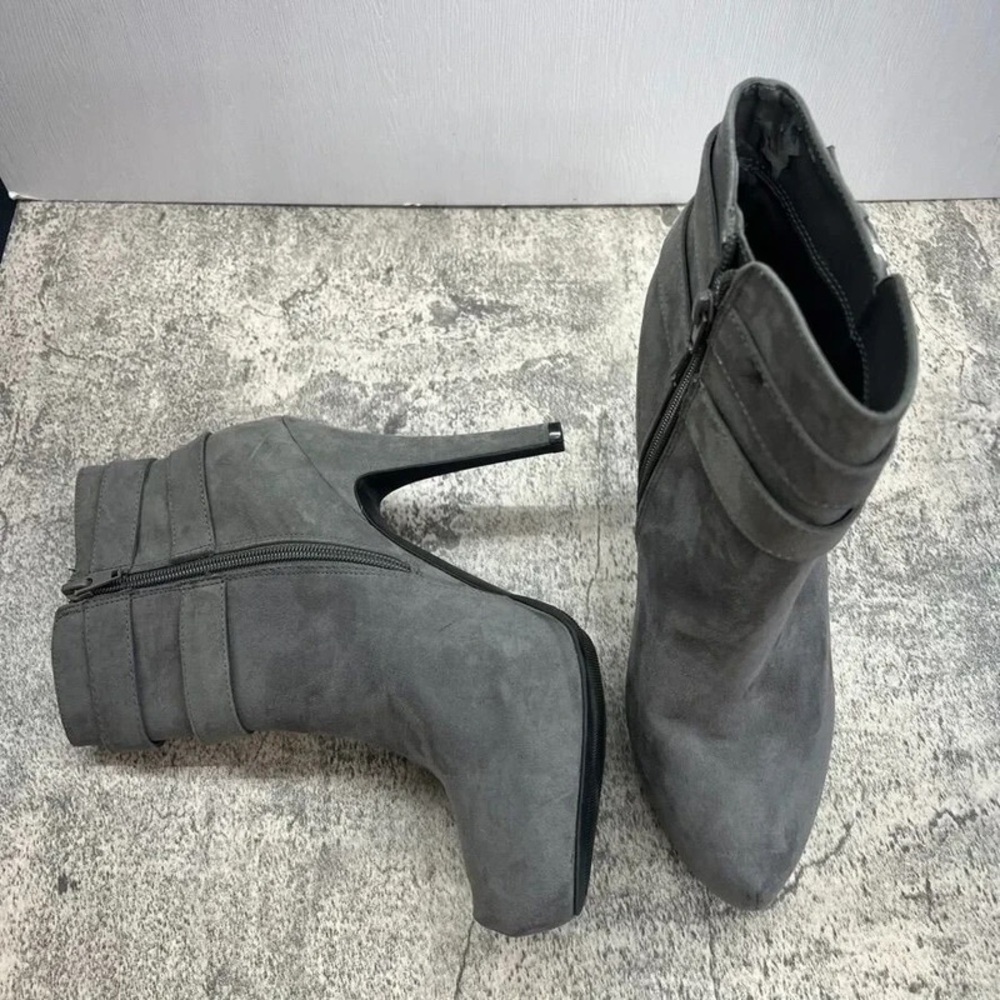 Women's Gray Suede Ankle Booties with Double Buckle - Picture 4 of 5